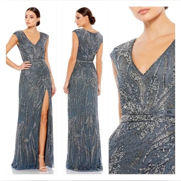 Mac Duggal 5227 NWT High Slit Beaded Dress in Charcoal - Picture 2 of 9